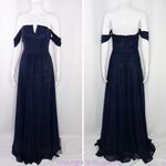 AQUA NEW  Off-the-shoulder center notch‎ Chiffon Gown In Navy, size 2 Photo 2