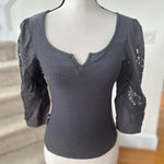 Free People  Grey Crochet Lace Long Sleeve Scoop Neck Henley Top Photo 0