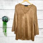 Mink Pink Tan Faux Suede Long Bell Sleeve Open Shoulder Mini Dress Size Medium Photo 2