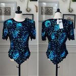 Laurence Kazar NWT NOS  Beaded Sequin Short Sleeve Silk Top Blue Black L Photo 1