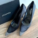 St. John Couture Audrey 8 Black Satin Rhinestone Heels Pointed Toe Stiletto Box Photo 1