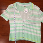 Free People  NWT Flirt Cardi‎ Short Sleeve Sweater Green Cream Stripe Size Medium Photo 9