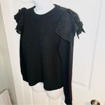 LILLA P Eyelet Ruffle Shoulder Trimmed Crew Neck Ribbed Sweater Black L Black Size L Photo 4