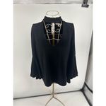 WAYF  Black Long Sleeve Deep V Cutout Bell Sleeve Blouse Size 8 Faux Pearl Button Photo 4
