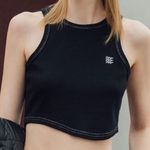 Pazzo Black Asymmetrical Waffle Knit Crop Top with Contrast Stitching Medium Photo 0