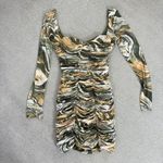 ZARA  Sheath Dress Marbled Ruched Draped Tulle Mini Khaki Green Orange Small Photo 15