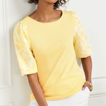 Talbots  Womens Woven Sleeve Crewneck Tee Sz XL Yellow Preppy Colorful‎ Casual Photo 0
