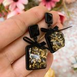 Gold Black Marble With Bows Earrings Photo 2