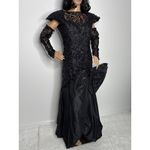 Vintage Demetrios Black Beaded Evening Gown with Dramatic Bow gloves M Photo 12