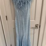 Jovani  light Blue Sequin Gown with Feather Trim Photo 3