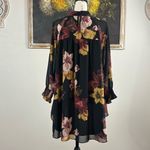 DR2 Womens Size Large Black Floral Print High Neck Swing Blouse Sheer Sleeves Photo 4