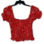 Vintage 70s 1970s Red Bandana Print Smocked Crop Top Puff Sleeve Peasant Blouse Size L Photo 0