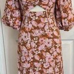 Fate Midi Dress Sz Small Floral Puff Balloon Sleeve Front Cut Out Cottagecore Brown Photo 0