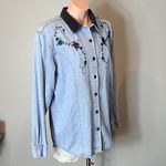 Vintage Shirt Velvet Collared Western Bohemian 90s Country Chambray Denim Medium Blue Photo 3