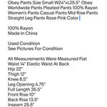 Obey Worldwide Obey Pants Size Small W24"xL25.5" Pants Pleated Pants 100% Rayon Women's Pants Photo 1