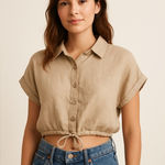 Love83 Beige Cropped Button Up Top Women’s M Woven Boho Coastal Granola Girl Tan Size M Photo 0
