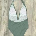 We Wore What  Sage Green Brooklyn Halter One Piece Swimsuit Plunge Bow Size L Photo 2