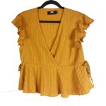 MINKPINK Gold Orange Short Flutter Sleeve V Neck Top with Ties on Sides Small Photo 0