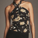 Anthropologie  Tie Shirred Black Gold Cream Floral Halter Top open back L nwt Photo 0