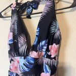 DKNY Swimsuit one piece black floral tropical hibiscus plunge halter sz L Photo 2