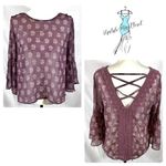 Rewind Long bell sleeve mauve semi sheer top with lace detail size large Photo 1