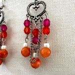 Orange pink white beaded heart dangling earrings Photo 2