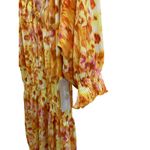 Sunny Leigh  Floral Print Dress Smocked Waist Tie Neck Yellow‎ Pink M Photo 2