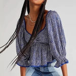 Free People  Britnee Print Smocked Floral Blue Women's Top Photo 0