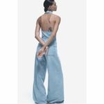 ZARA Light Blue Halter Denim Jumpsuit Raw Hem Photo 2