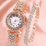 2pcs Watch and Bracelet Set Women Quartz Watch + Heart Bracelet Bling Rose Gold Photo 4