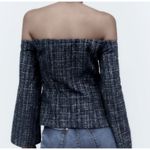 ZARA NEW Blue Tweed Textured Off Shoulder Top Flared Bell Long Sleeve Size Small Photo 10