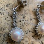 Sterling Silver 7mm Sunburst Button Freshwater Pearl CZ Halo Drop Earrings 925 Photo 3
