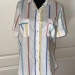 VTG CARIBOU WHITE MULTI COLOR VERTICAL STRIPE BUTTON UP SHORT SLEEVE Photo 0