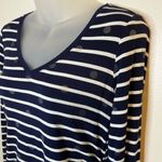 Motherhood Maternity Navy and White Striped Long Sleeve V Photo 4