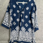 Portocruz Navy White Boho Floral Print Tunic Cover Up XL Tasseled V Photo 0