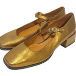 Anthropologie  Maeve Gold Mary Jane Strap Small Heel Shoe Size 37/ 6.5 Photo 0