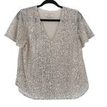 Loft  Shimmery Sequins V Neck Short Sleeve Top Shirt Ivory Size S Party Cocktail Photo 2