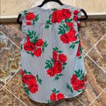 Hint of Blush Red Rose Green Leaf Striped Ruffle Cap Sleeve Front Tie Blouse Med Photo 1