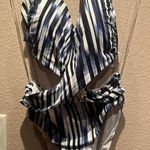 New Athena Women’s Blue Patterned Swimsuit One Piece Cut out Sewn in Size 10 NWT White Photo 6