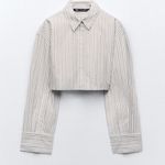 ZARA White Taupe Stripe Button Up Distressed Raw Hem Collar Crop Top New Large Photo 9