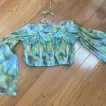 ZARA Printed Tulle Cropped Top bell sleeves ruffles Green Yellow Sz S Photo 11
