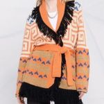 Mother The Belted Short Alpaca Wool Blend Knit Fringe Orange Cardigan Sweater XS Photo 1