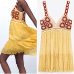 ZARA  Limited Edition Crochet Dress V-Neck Ruffled Shell Tassels Boho Yellow~XL Photo 3