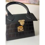 Black Croc Faux Leather Mini Top Handle Purse Gold Buckle Small Handbag Photo 5