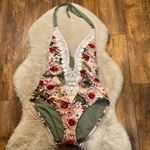 Kona Sol ‎ Swimsuit Size Large One Piece Floral Knit Plunge Detail Pink Neutral Photo 0