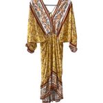 Umgee Boho Yellow Floral Print Maxi Dress V Neck Long Sleeve Tie Back High Low Photo 3