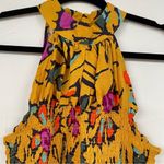 Haute Hippie  Mustard Yellow Floral Print Halter Smocked Boho Blouse L Sleeveless Photo 3