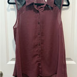 Maroon Sheer And Faux Leather Top Medium Women’s Sleeveless Shirt Blouse Button Red Photo 0
