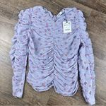 ZARA  Shirt Women M Lavender Floral Fairy Ruched   Sheer Glitter Full Zip Back Photo 0