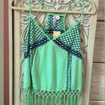 Francesca’s mint spaghetti strap embroidered boho summer tank with tassels SM Green Photo 0